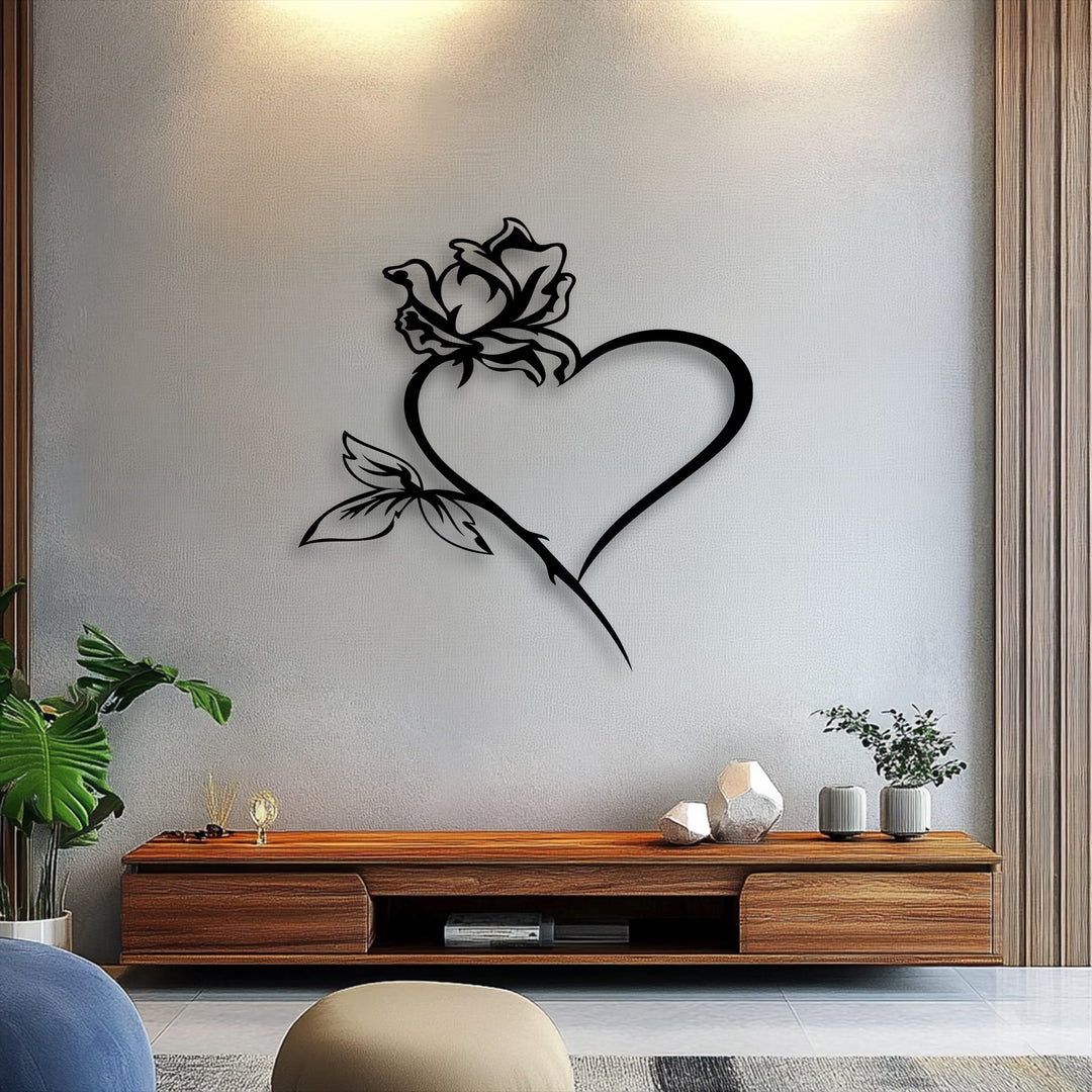 Transition from warm light to cool grey wall, highlighting the black rose heart decoration wall art above rich wooden furniture.