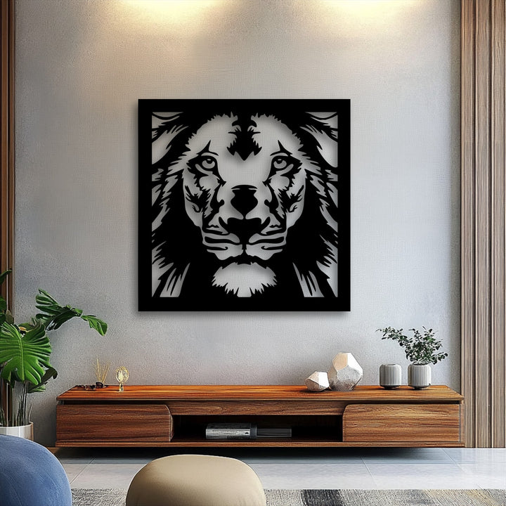 A striking majestic lion face, rendered in a bold geometric black and white design as a captivating metal art for wall piece.