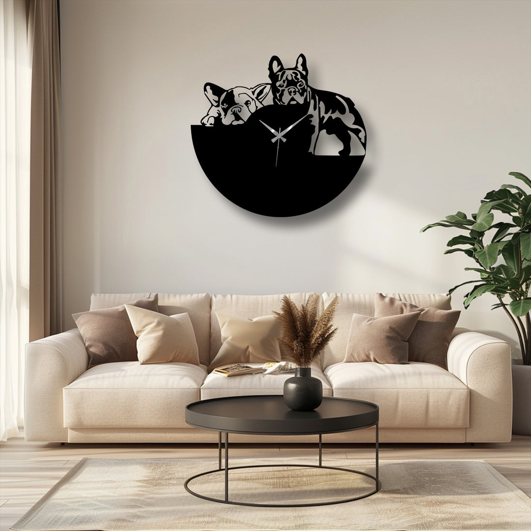 Showcasing the layering effect, this Bulldog Duo metal artwork clock features a two-tone design where the black foreground contrasts with the light wall.