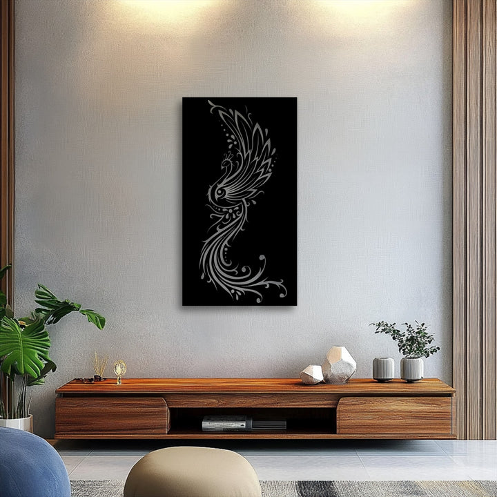 The fine stippled surface texture of the wall contrasts with the sleek, smooth unique metal wall art depicting an ornamental phoenix.