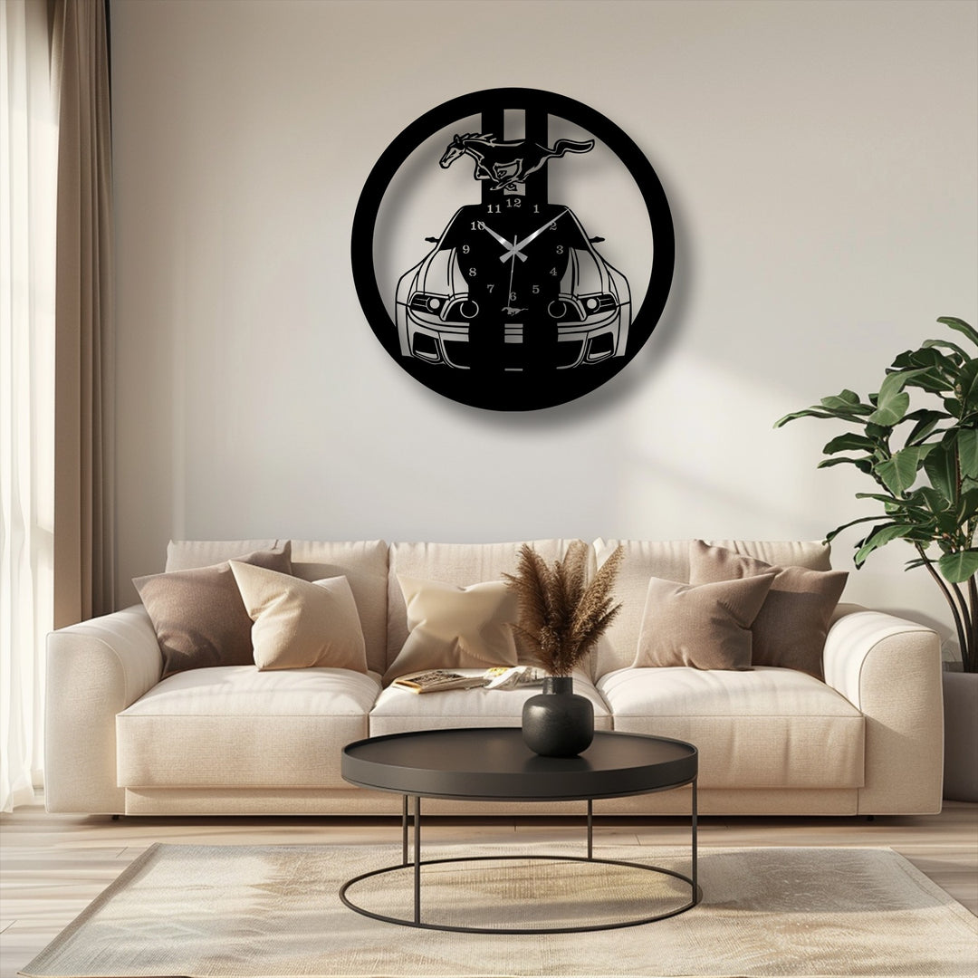 Displaying time and automotive enthusiasm, the wild mustang metal wall clock merges functionality with decorative metal art, showcasing a muscle car and running horse design.