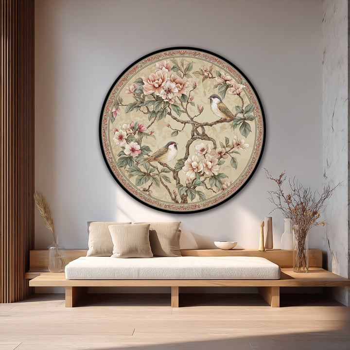 Negative space surrounds the blossoming branch with songbirds, highlighting the delicate details of this round oil painting reproduction print.