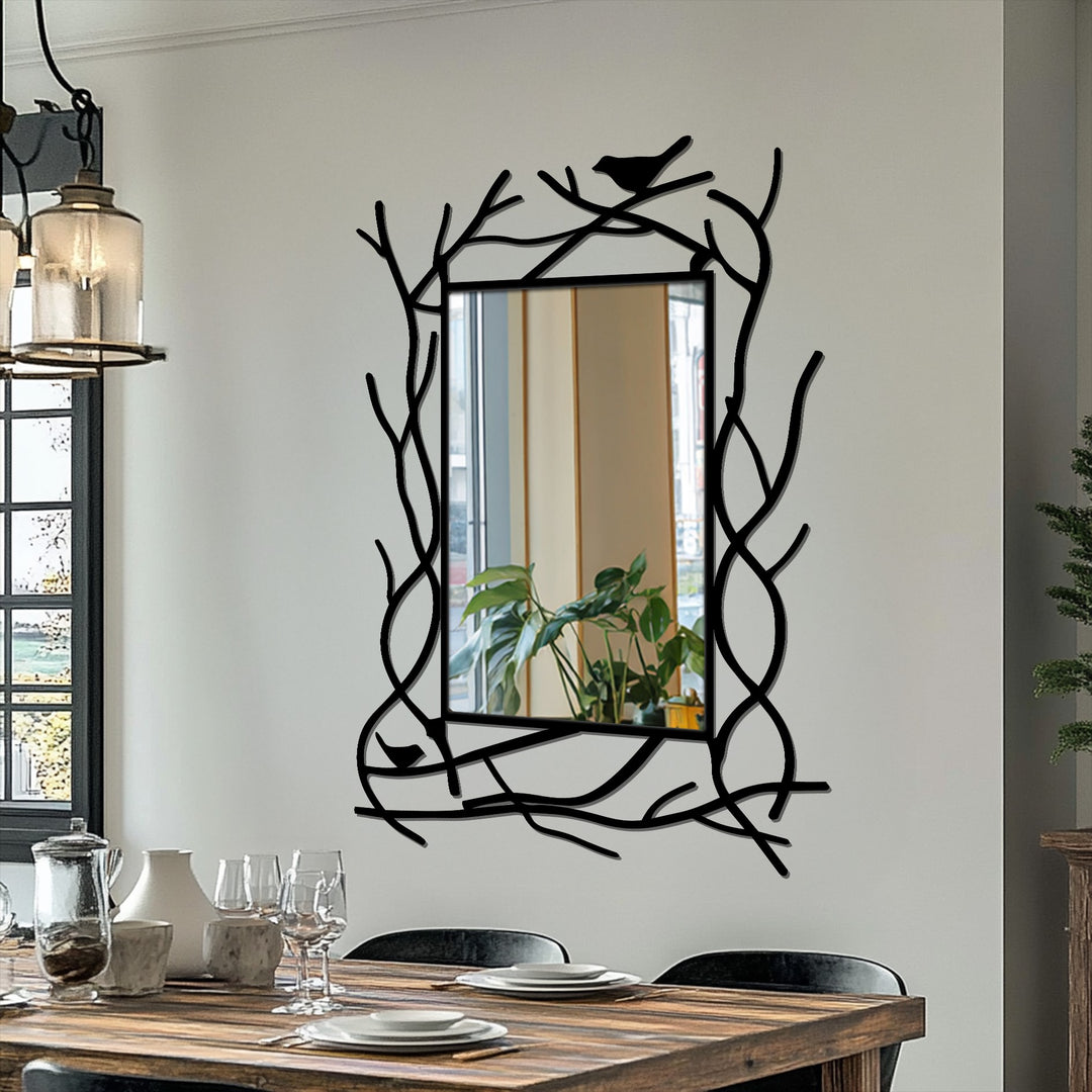 The stillness emanates from the nature-inspired branch frame black metal floor mirror with bird detail, a beautiful piece of decoration wall art.