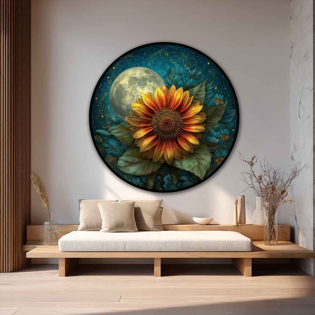 Lunar glow softly illuminates the Moonlit Sunflower Bloom, a dreamlike oil painting art piece where delicate petals meet a starlit sky.