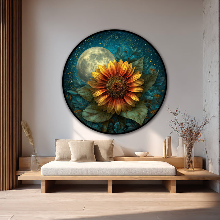 Lunar glow softly illuminates the Moonlit Sunflower Bloom, a dreamlike oil painting art piece where delicate petals meet a starlit sky.