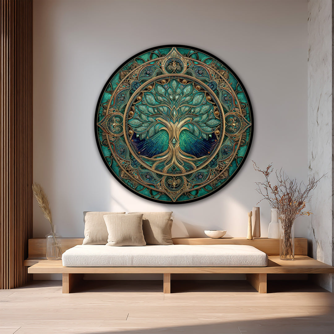 Illuminated by soft sunlight, the brightest area highlights the detailed emerald tree in this round, ornate wooden oil painting home decor wall art.