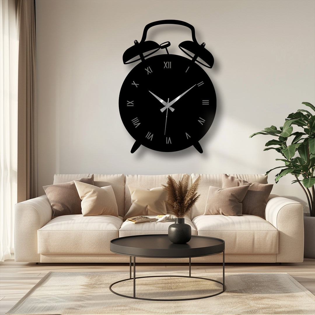 Sharp color contrast showcases the black metal artwork alarm clock, accentuating its vintage shape against the light-toned wall.