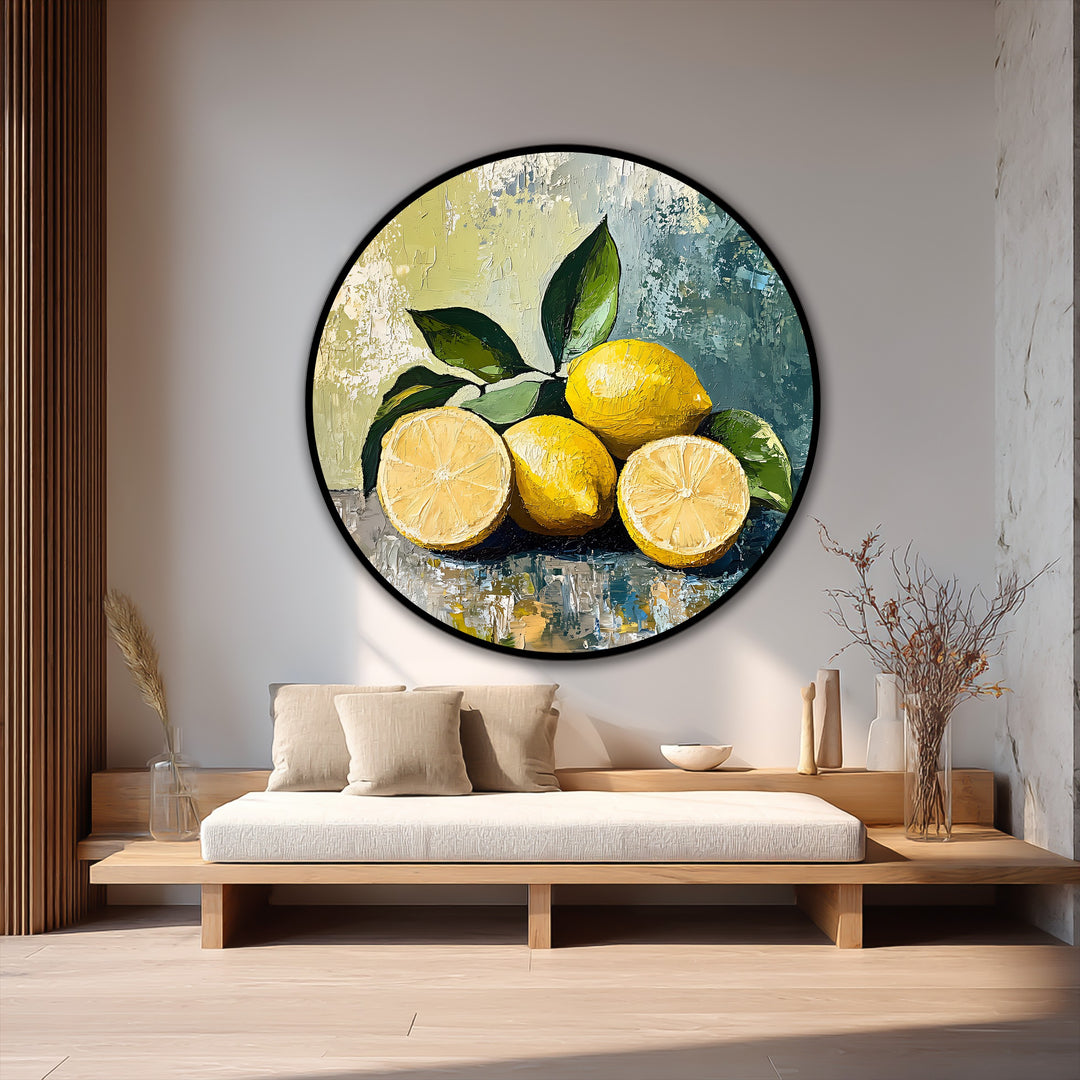 Surface texture highlights the impasto brushstrokes of the fresh lemon still life round oil painting, exemplifying modern oil painting art with rich details.
