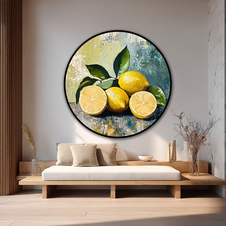 Surface texture highlights the impasto brushstrokes of the fresh lemon still life round oil painting, exemplifying modern oil painting art with rich details.