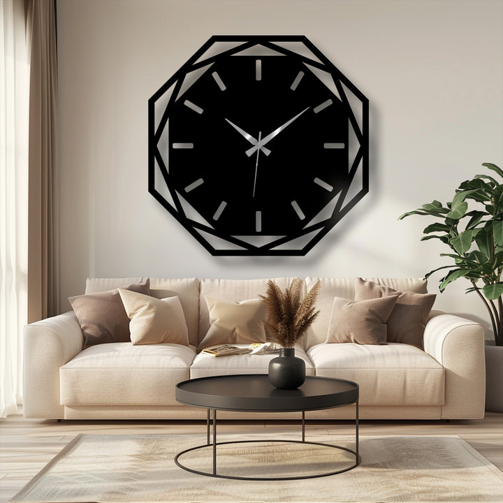 Crafted with a premium metal finish, this modern octagonal geometric wall clock showcases exceptional material quality as decoration wall art, adding a sophisticated touch.