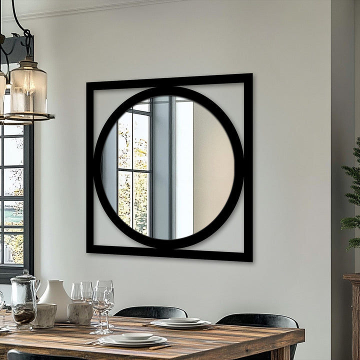 The realistic detail of the square frame round mirror is captured in this stunning metal artwork, showcasing its unique black frame and circular reflective surface.
