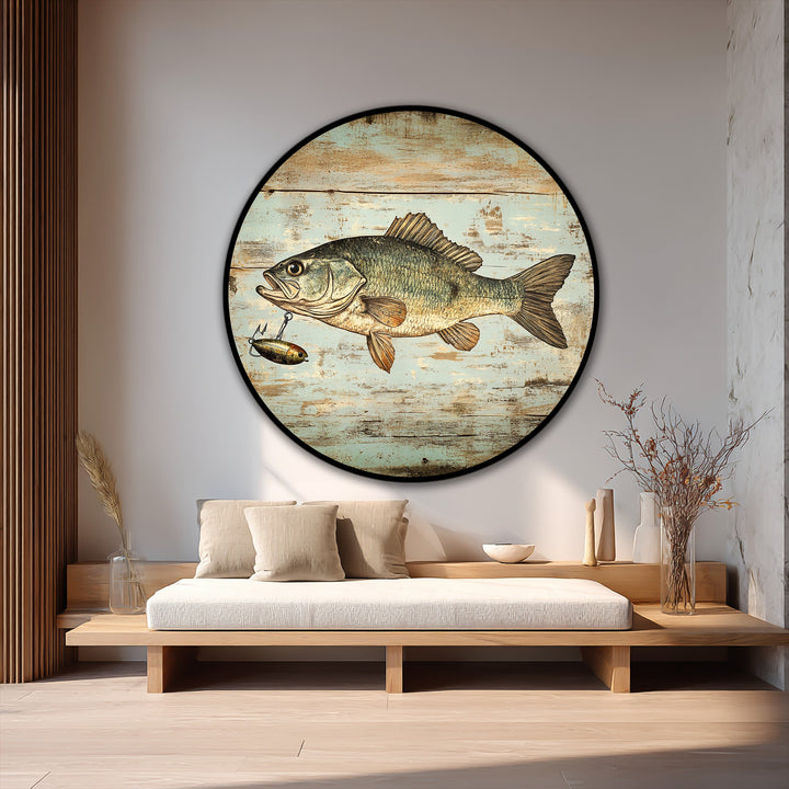 Illustrating the layering effect, the vintage bass fish round oil painting wall art shows a textured wooden backdrop enhancing the rustic charm.