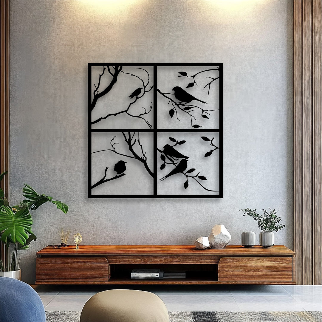The negative space within this four-panel bird silhouette metal decoration wall art dramatically frames the nature-inspired window style.
