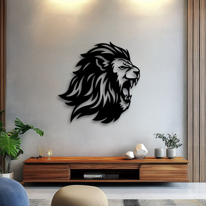 The darkest area reveals a striking, black roaring lion head, meticulously crafted metal artwork exuding bold power.