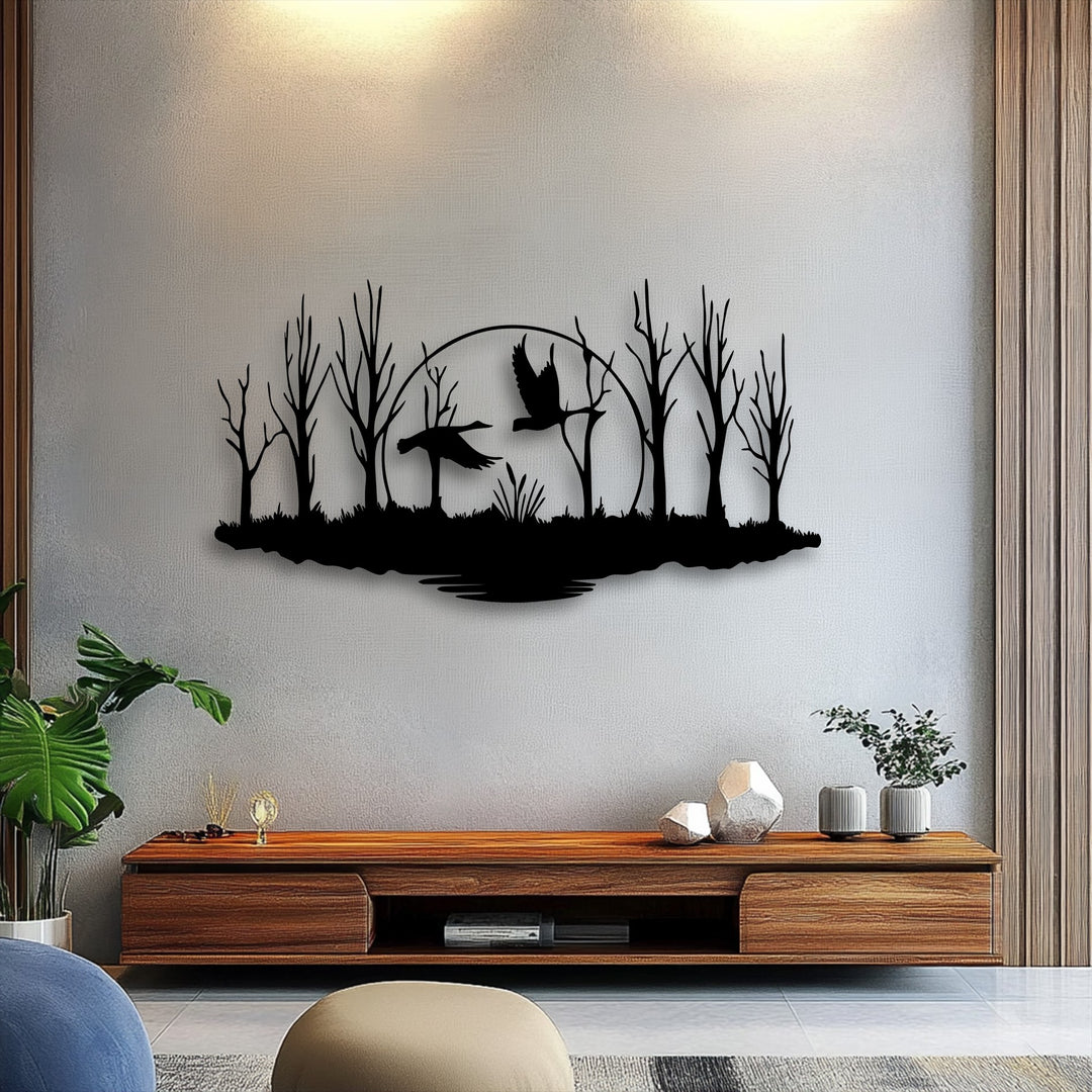 Observing the layering effect, this metal art for wall features a striking silhouette of bare trees and flying birds, creating rich depth.