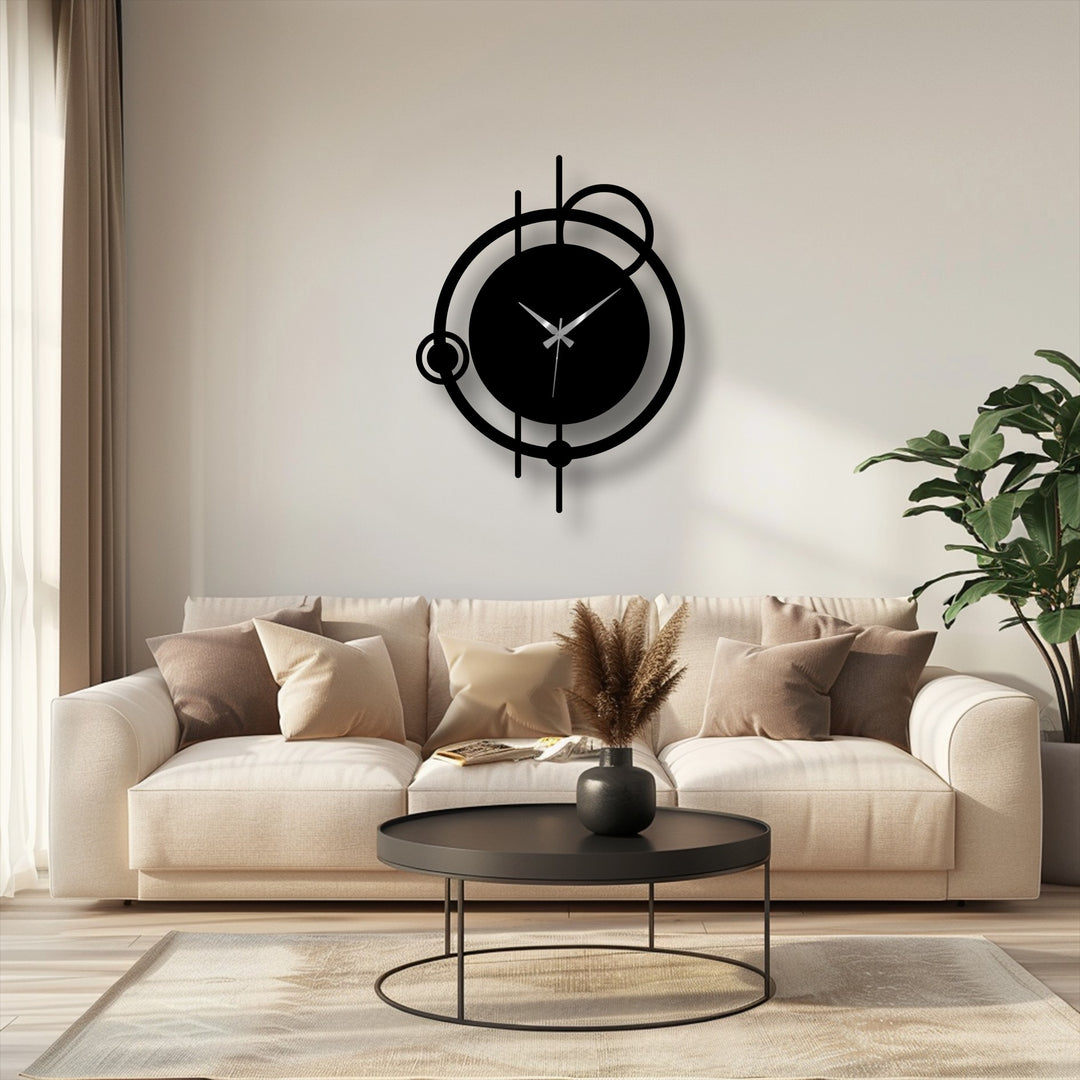 Soft light delicately illuminates the stylish modern abstract metal wall clock, a minimalist circle design that enhances the decoration wall art in the living space.