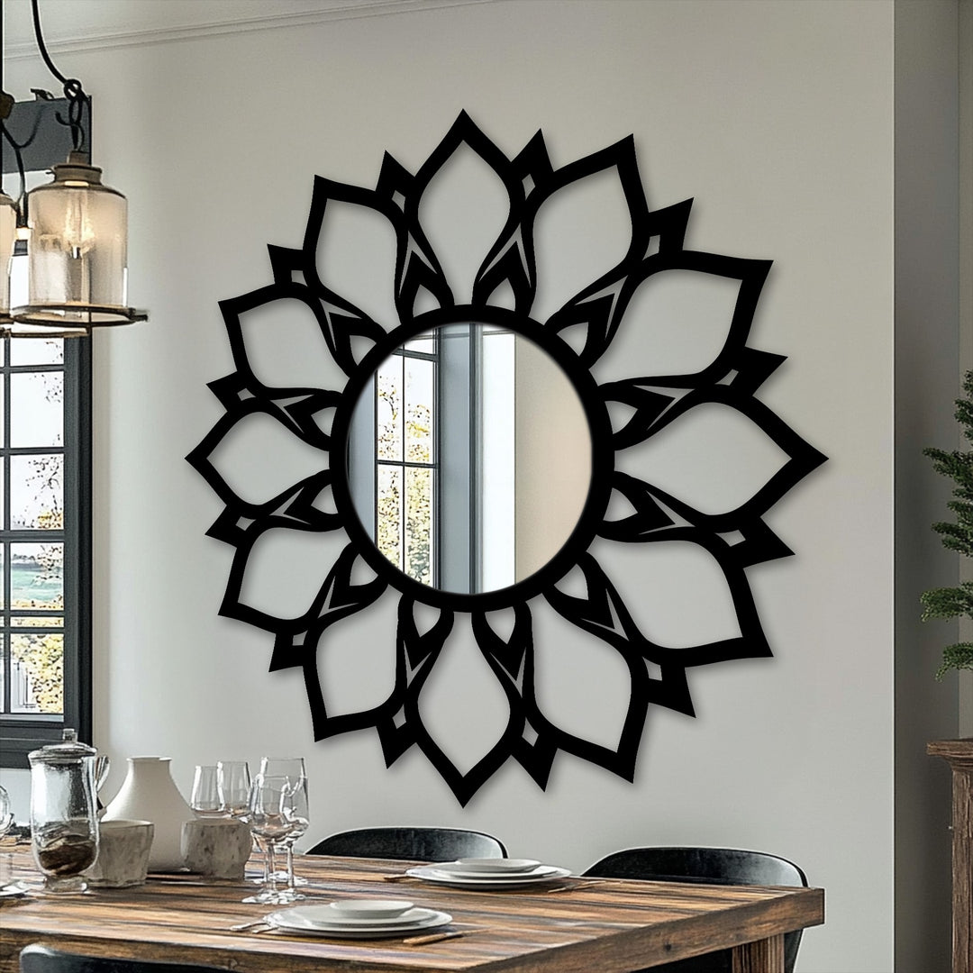 Neutral color temperatures enhance the black lotus pattern floor mirror's reflective quality, casting a soft ambiance while acting as mirror for wall decor.