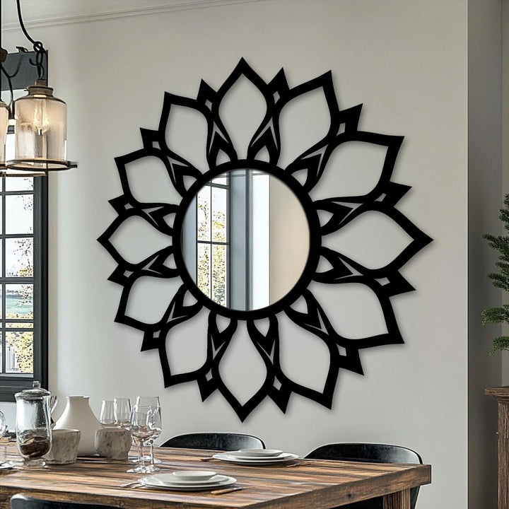Neutral color temperatures enhance the black lotus pattern floor mirror's reflective quality, casting a soft ambiance while acting as mirror for wall decor.
