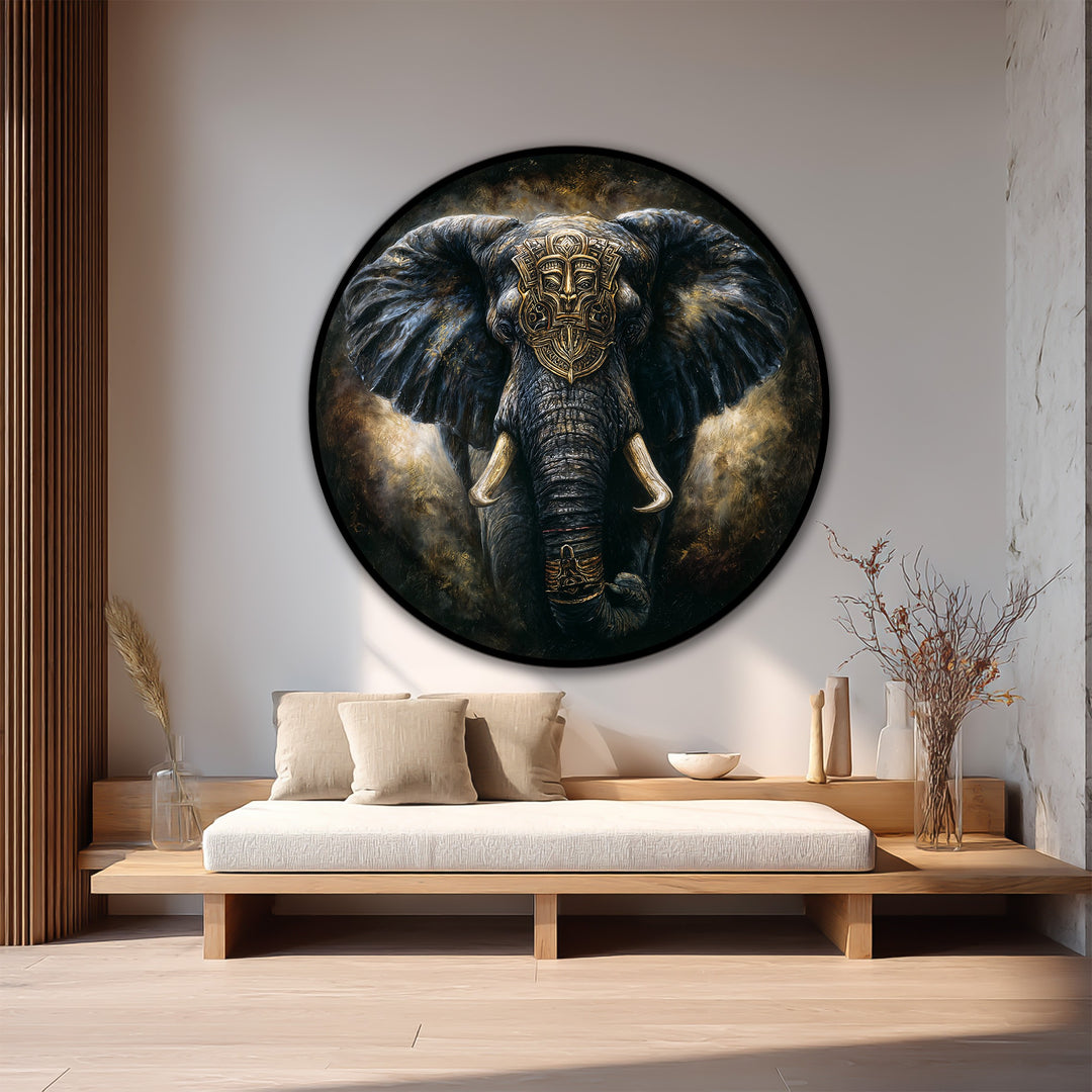 Elefante Guardián Real – Redondo Majestuoso Oscuro Cuadro al óleo sobre madera