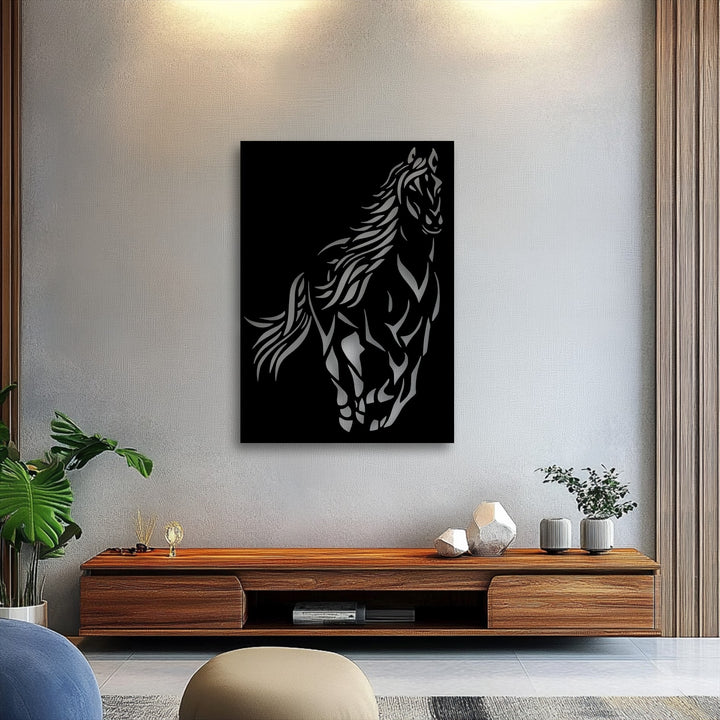 Showcasing superior material quality, this striking metal art for wall features a dynamic wild spirit horse silhouette.