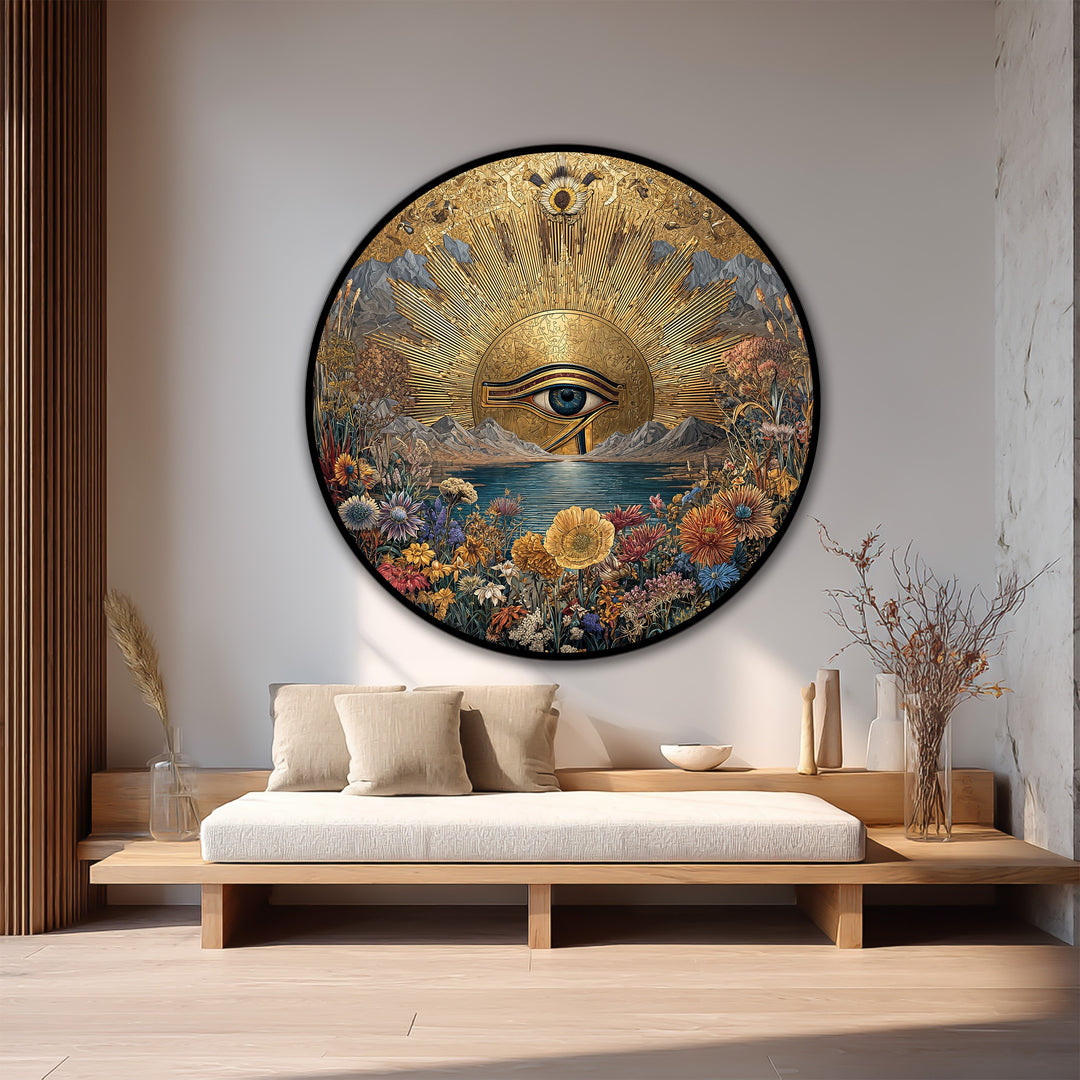 Black shadows emphasize the striking details of the golden horizon eye and sun rays in this wooden oil painting art piece, creating a mystical round landscape.