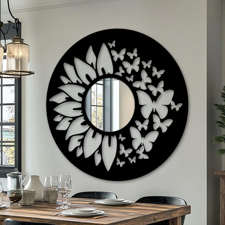 Against the soft white backdrop, this modern wall mirrors enhance the butterfly bloom floor mirror's intricate black metal floral and butterfly design.