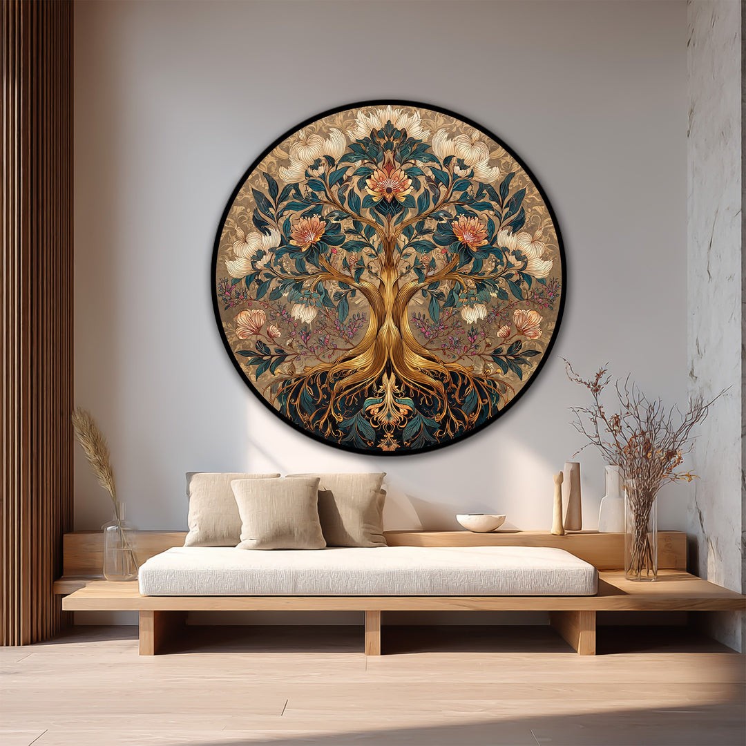 Armonía Floral – Árbol Ornamental Redondo Cuadro al óleo sobre madera