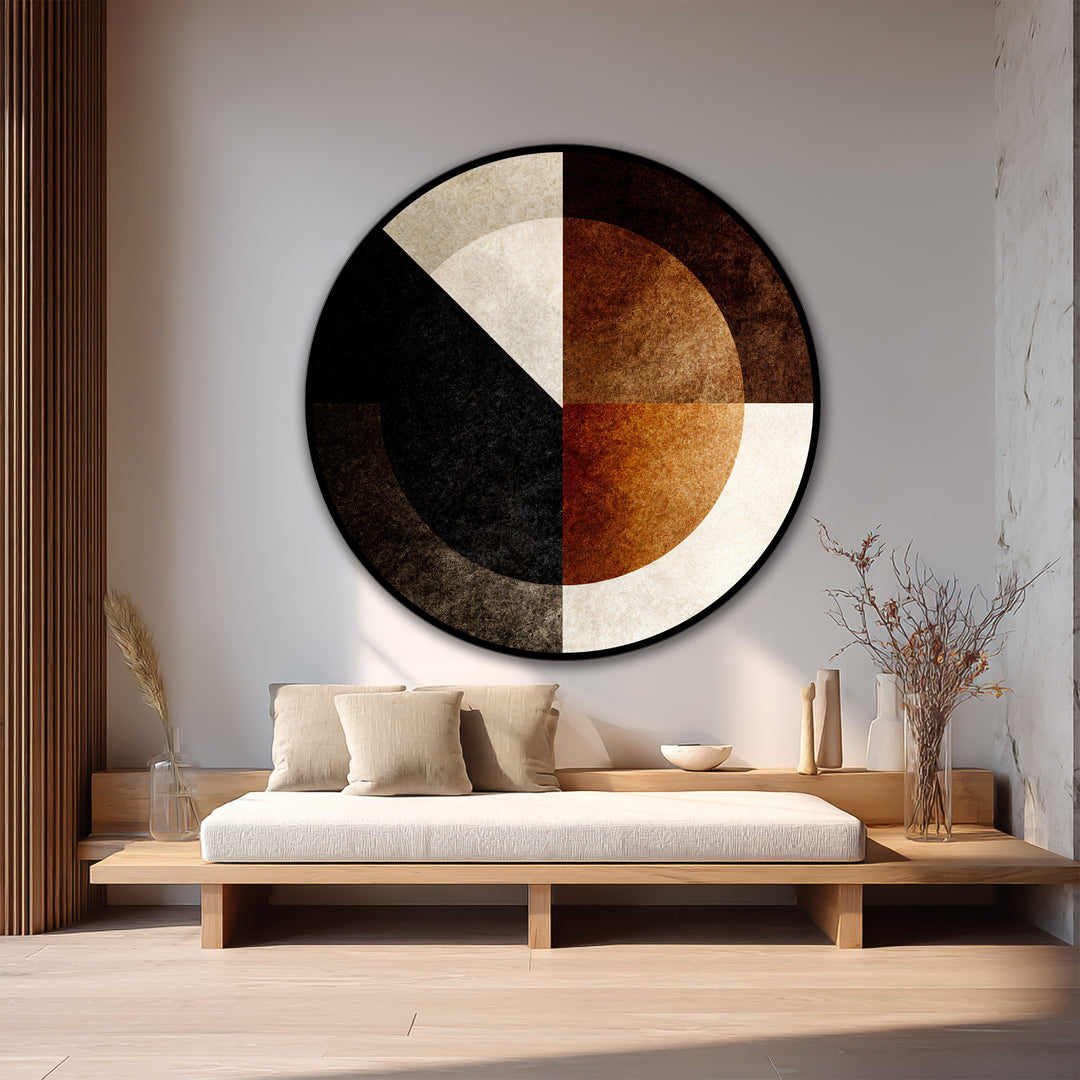 Subtle color saturation enhances the depth of the geometric shapes within this round oil painting art piece, showcasing a harmonious balance of contrasting earth tones.