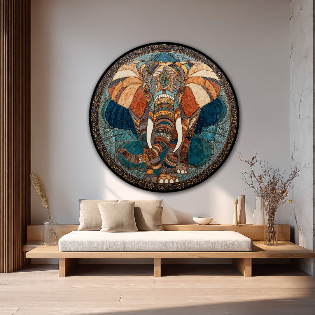 Flowing with rich color and detail, the circular Sacred Mosaic Majesty - Geometric Elephant Round Oil Painting evokes a sense of organic movement with stunning oil painting decoration.