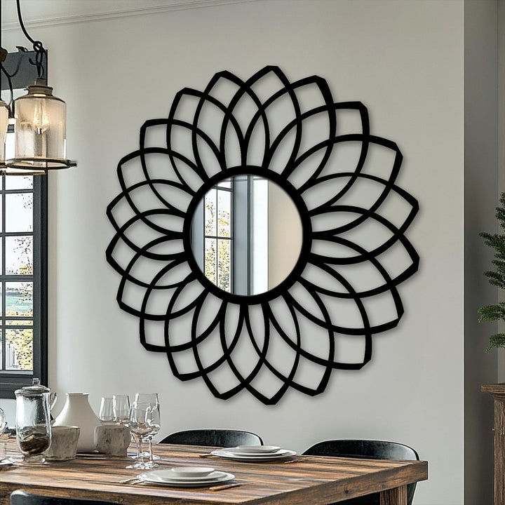 Reflected light gives a soft glow to the bathroom mirror set within a bold, layered petal frame, bringing out the design of this floor mirror.