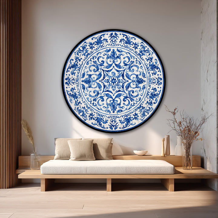 Alternating concentric patterns create a captivating visual rhythm in this modern oil painting art featuring a classic blue ornamental plate-style design.
