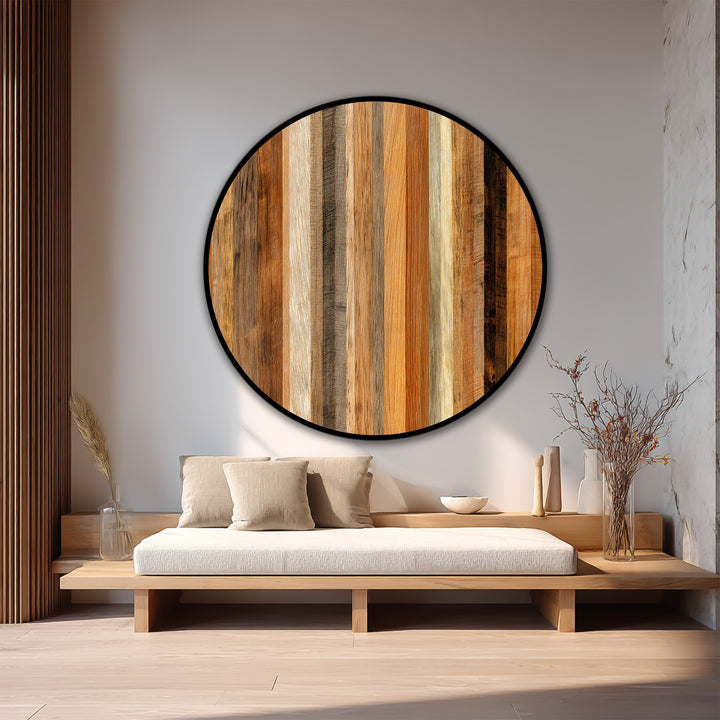 Highly saturated hues create a bold, vibrant focal point in this modern oil painting art featuring a round, natural rhythm wood grain design.
