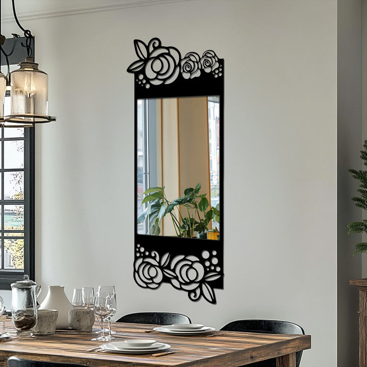 Flowing floral motif dances around this bathroom mirror, the black metal roses creating a sense of depth and subtle movement in the reflection.