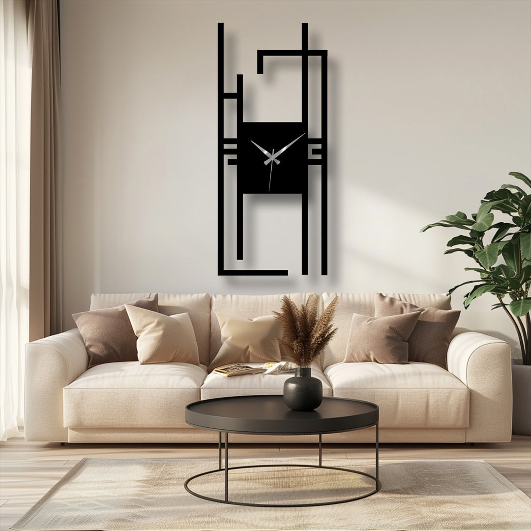 The inviting mood is set by the modern vertical abstract metal wall clock, showcasing a geometric design perfect as metal wall decor in a contemporary space.