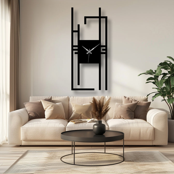 The inviting mood is set by the modern vertical abstract metal wall clock, showcasing a geometric design perfect as metal wall decor in a contemporary space.
