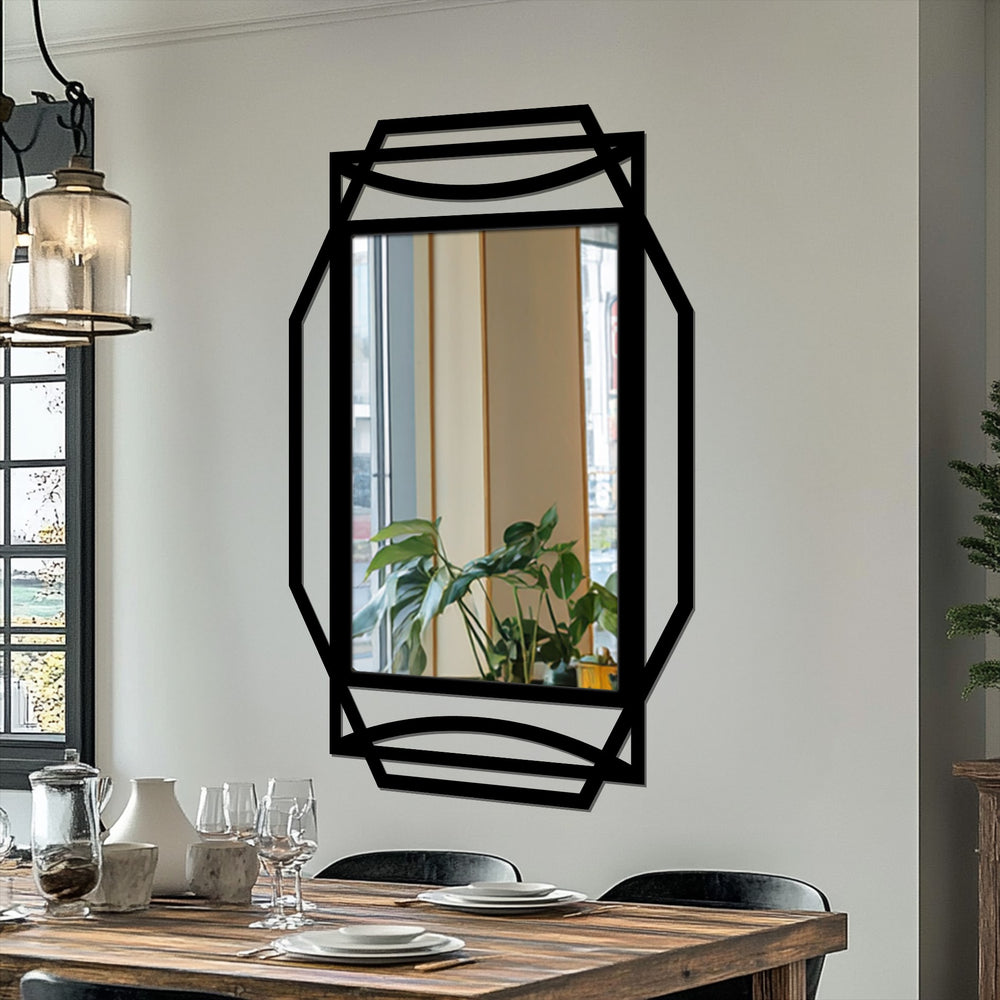 Striking geometric black frame makes this Art Deco rectangular floor mirror a unique metal wall art piece with arch accents that enhances any space.