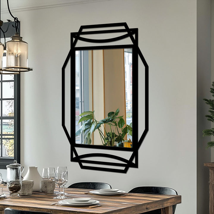Striking geometric black frame makes this Art Deco rectangular floor mirror a unique metal wall art piece with arch accents that enhances any space.