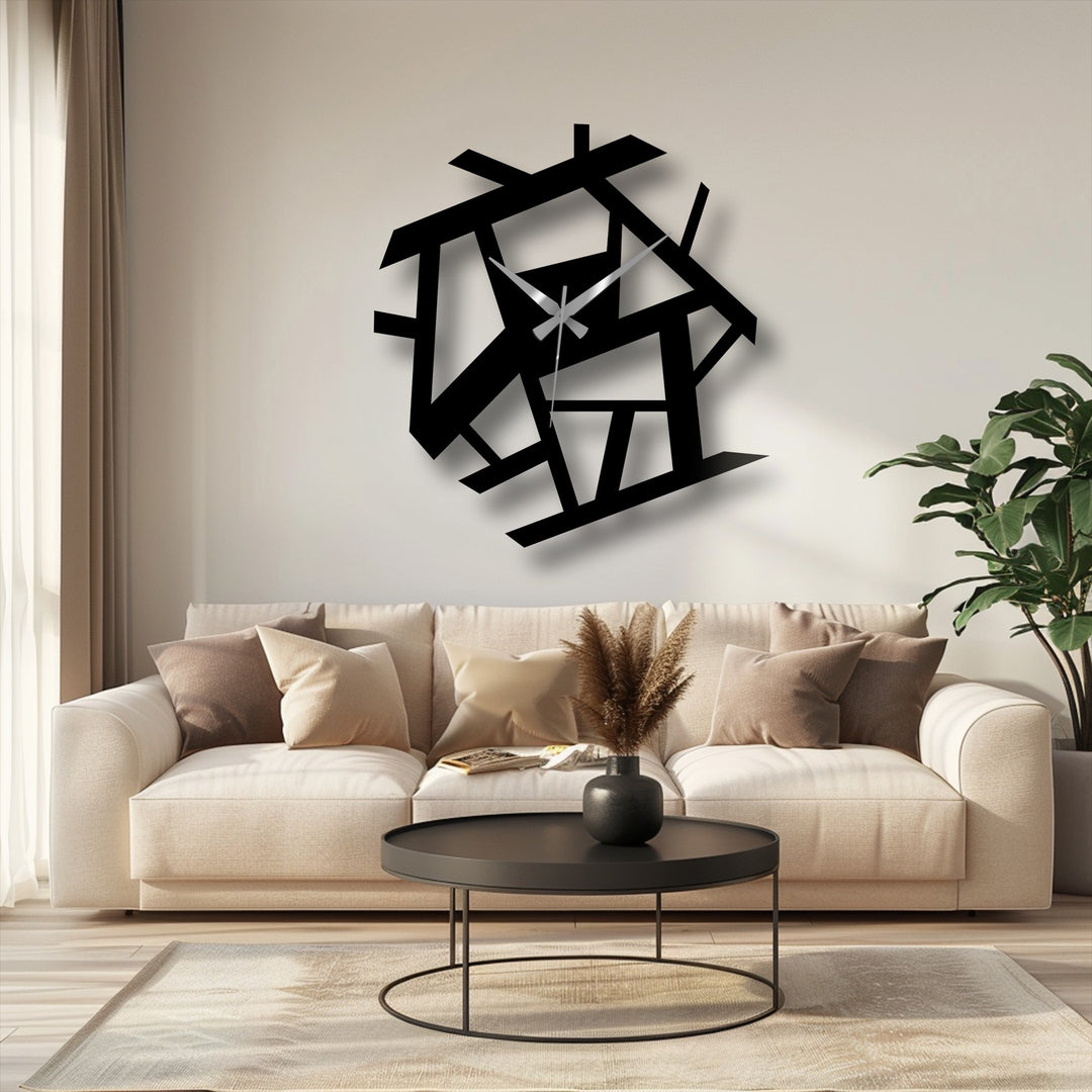 Highlighting the focal point, this abstract geometric modern metal wall clock offers distinctive decorative metal art with its unique overlapping lines and elegant silver hands.