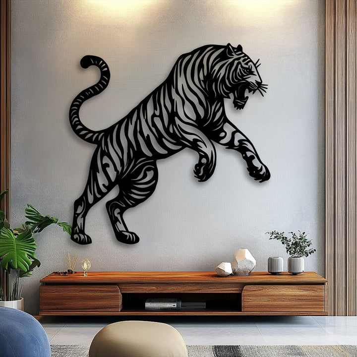 Striking color contrast highlights the bold black tiger silhouette metal wall art against a light wall, creating powerful decoration wall art.