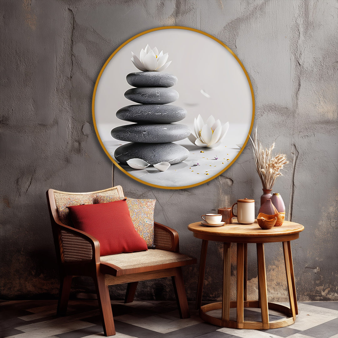 Grey tones dominate this minimalist spa wall art canvas print, a piece of premium canvas decor depicting zen balance stones with a lotus.