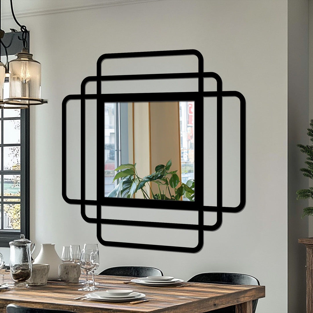 Reflected in the Layered Frames rounded square modern mirror, the indoor plant's gentle curves offer a soft contrast to the angular metal art for wall.