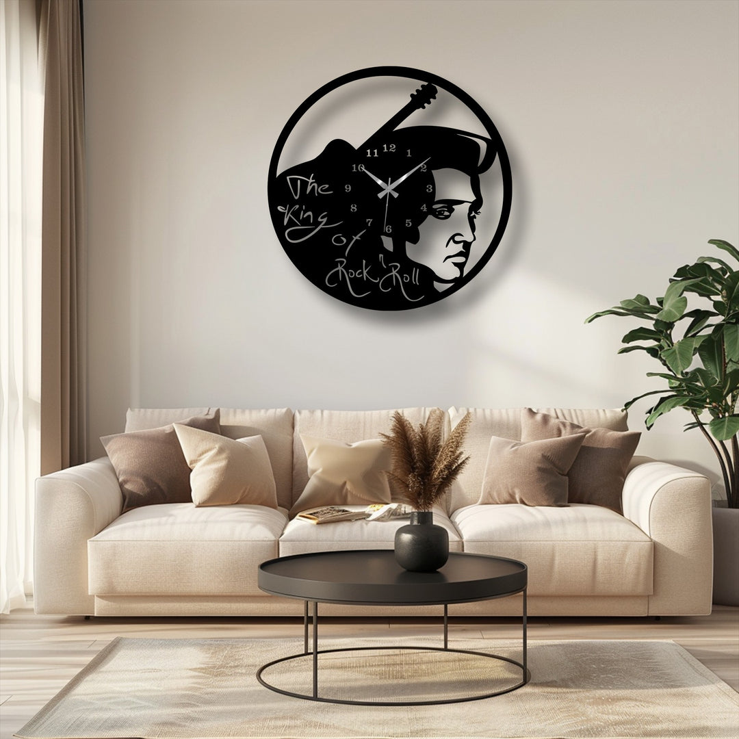 The cutout black metal Elvis Wall Clock creates depth and layers through shadows, functioning as cool decoration wall art.