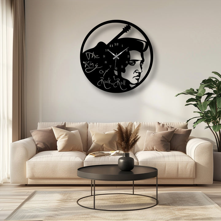 The cutout black metal Elvis Wall Clock creates depth and layers through shadows, functioning as cool decoration wall art.