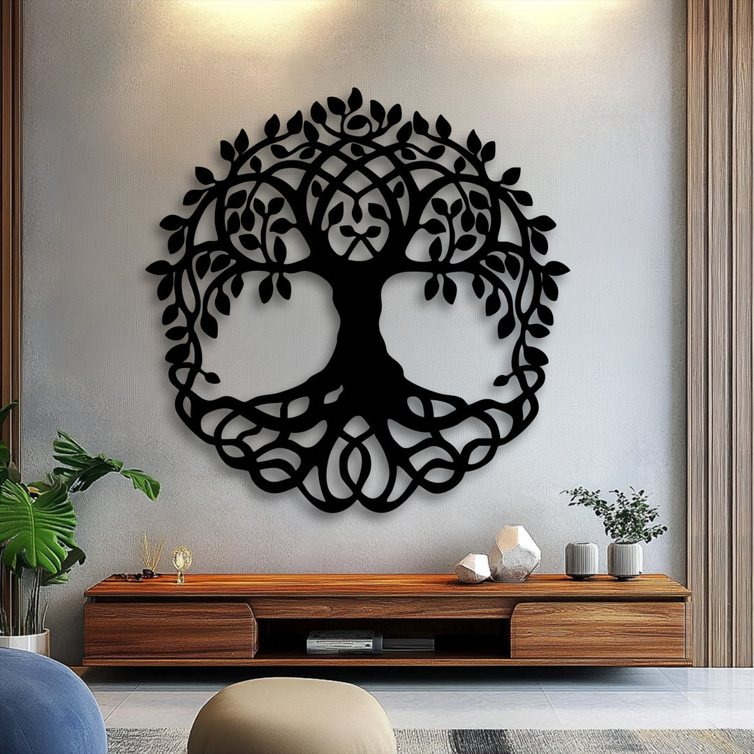 The illuminated wall area above highlights the intricate Celtic Tree of Life unique metal wall art, casting a radiant glow.