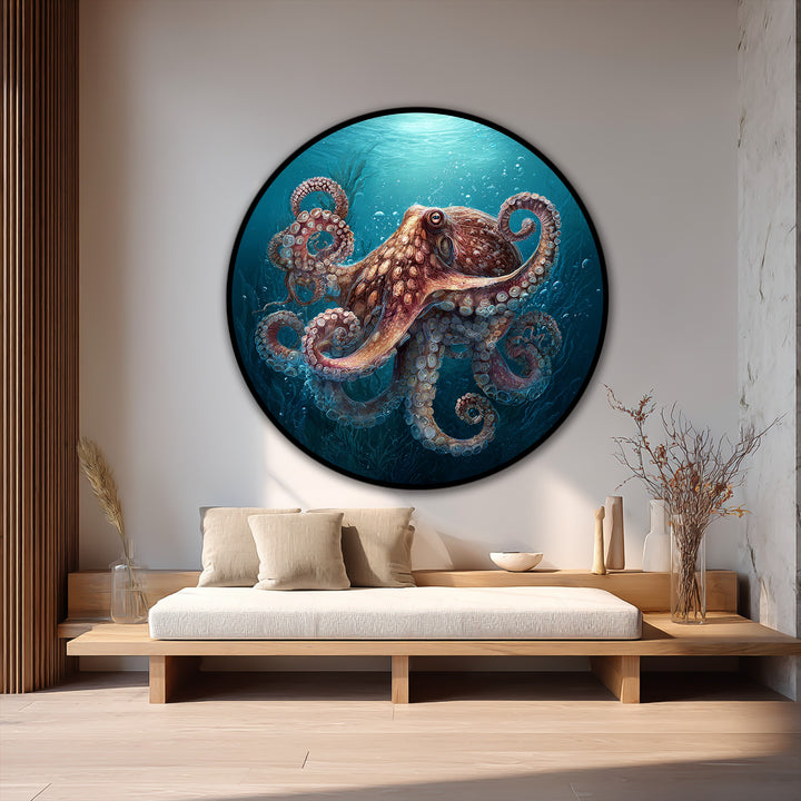 Showcasing the remarkable detail and vibrant hues of this deep ocean guardian octopus, this round oil painting exemplifies superior modern oil painting art.