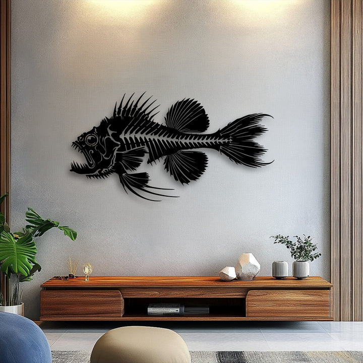 The predator fish skeleton metal art for wall is a striking, fixed silhouette, capturing an eternal stillness on the textured background.