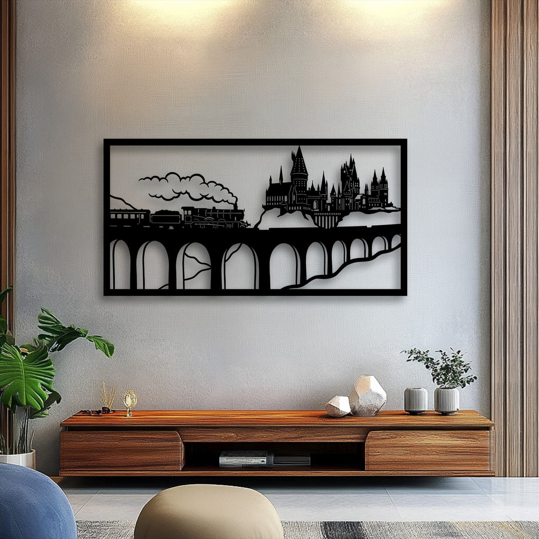 Soft, inviting upholstered cushions complement the intricate fantasy Wizard Castle Train Scene metal art for wall, creating a cozy atmosphere.