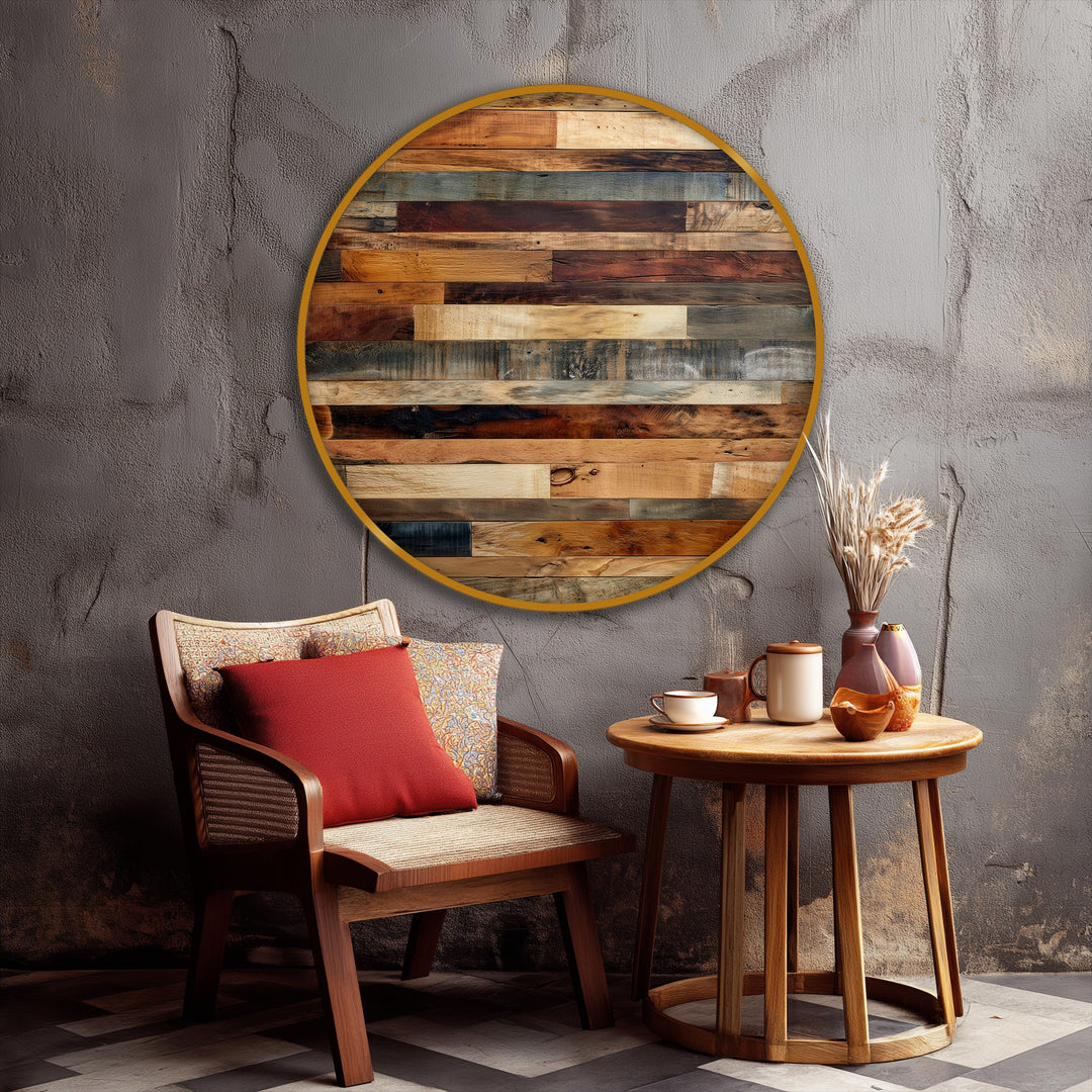 Rustic Wood Panel Texture Round Canvas Print – Natural Wooden Wall Art