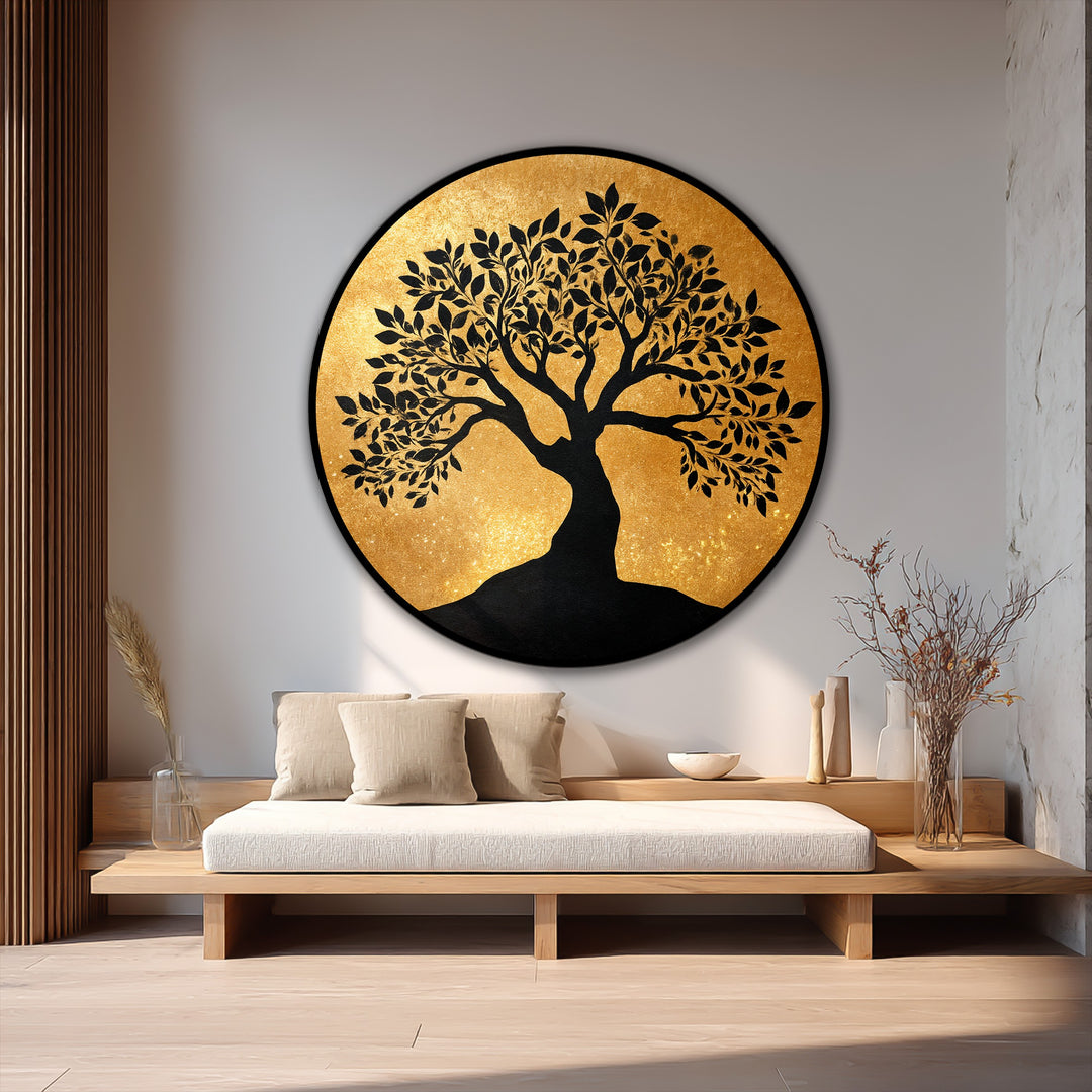 Árbol de luz dorada: elegante silueta redonda Cuadro al óleo