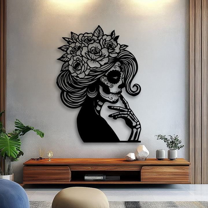 A vertically oriented, intricately shaped unique metal wall art piece depicting a floral sugar skull lady's silhouette.
